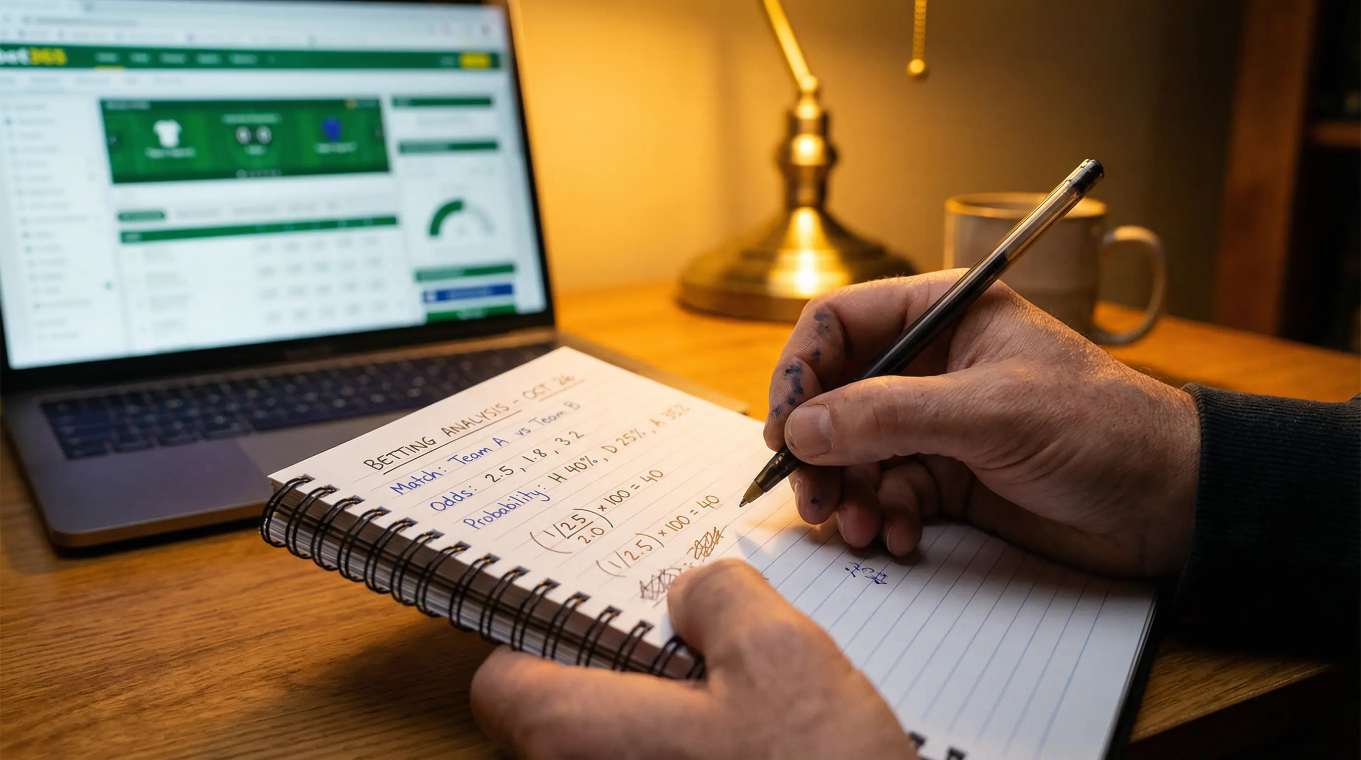 Pessoa a analisar odds e probabilidades num caderno