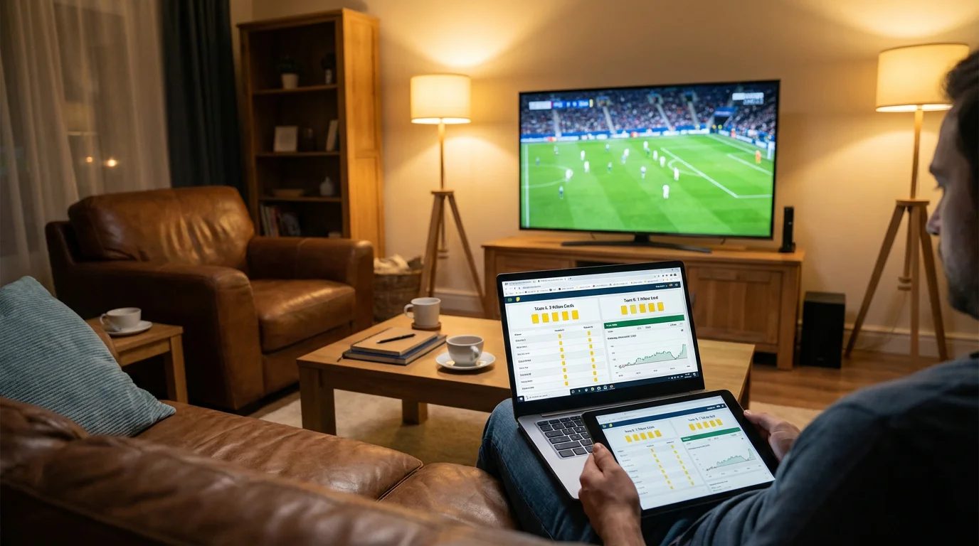 Pessoa a analisar estatísticas de cartões durante um jogo de futebol