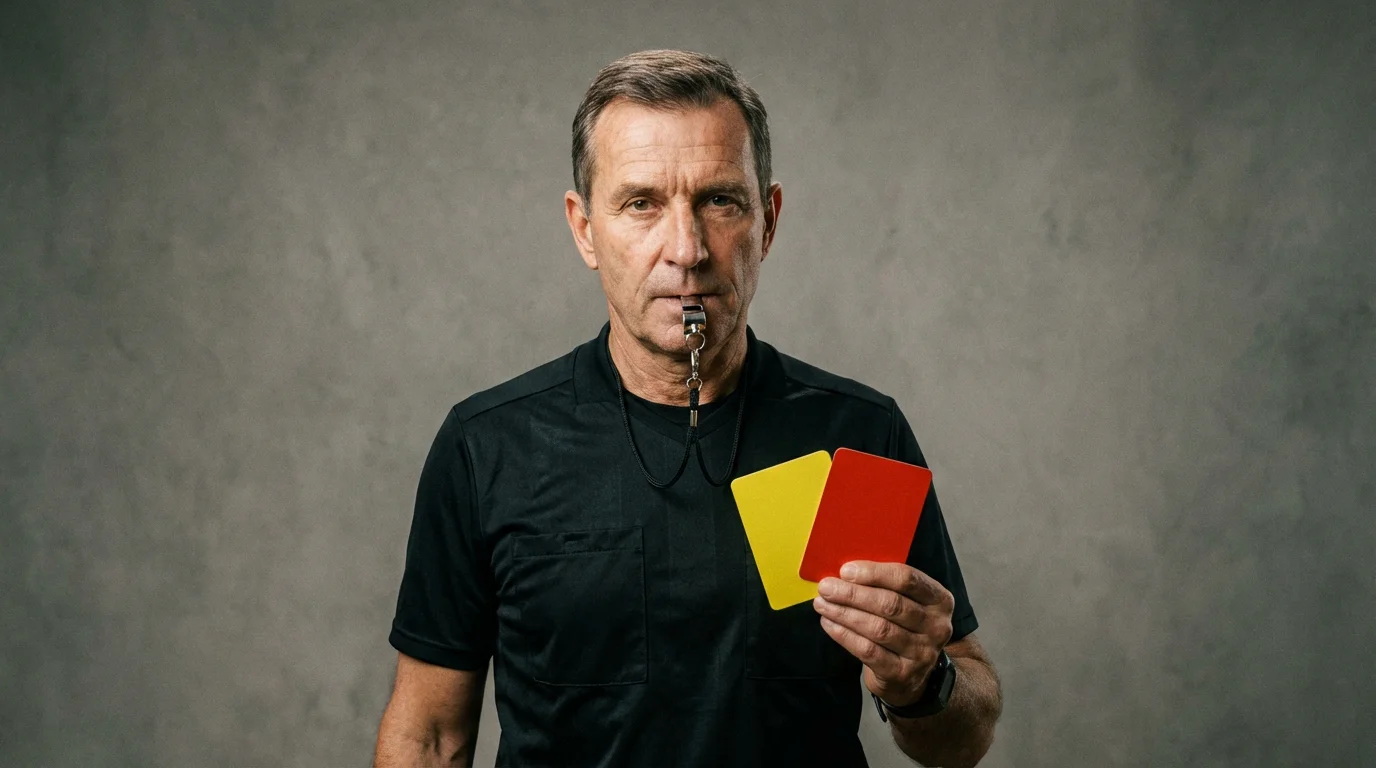 Árbitro de futebol com apito e cartões na mão