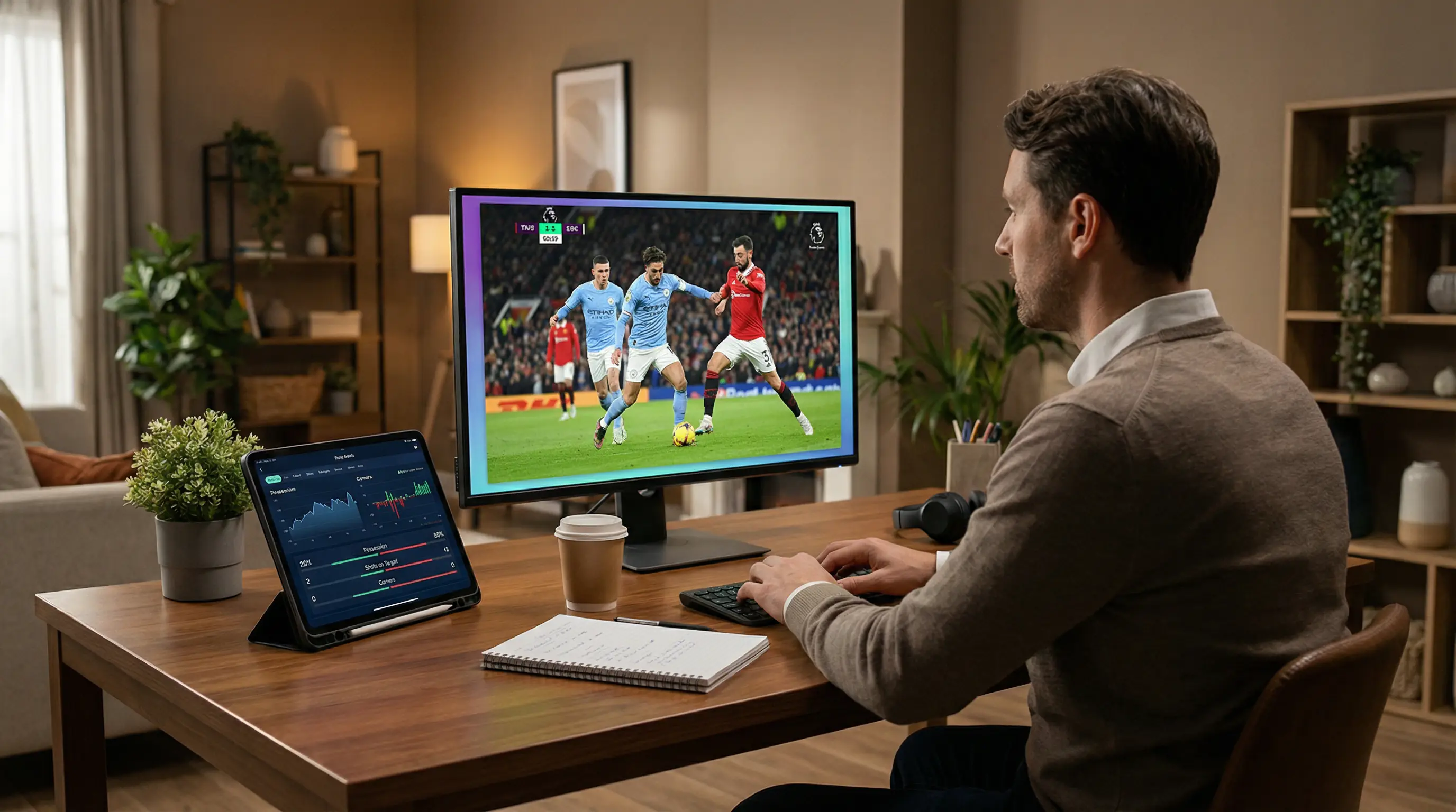 Pessoa a assistir a streaming de futebol com estatísticas no ecrã