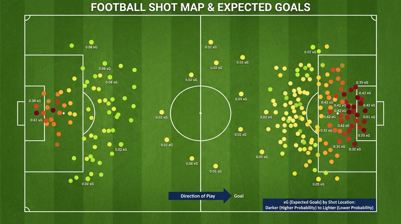 Mapa de remates com valores de xG assinalados no campo