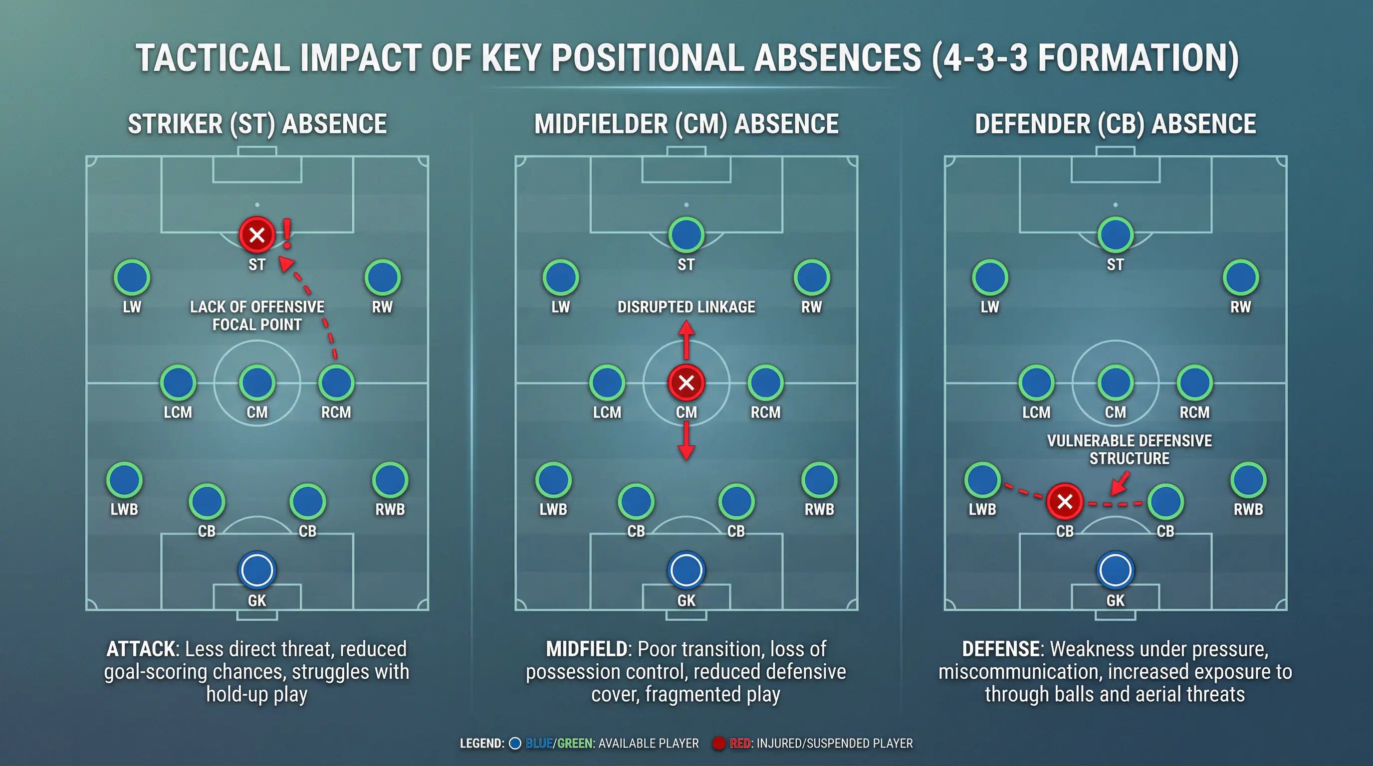 Diagrama mostrando impacto de ausências em diferentes posições