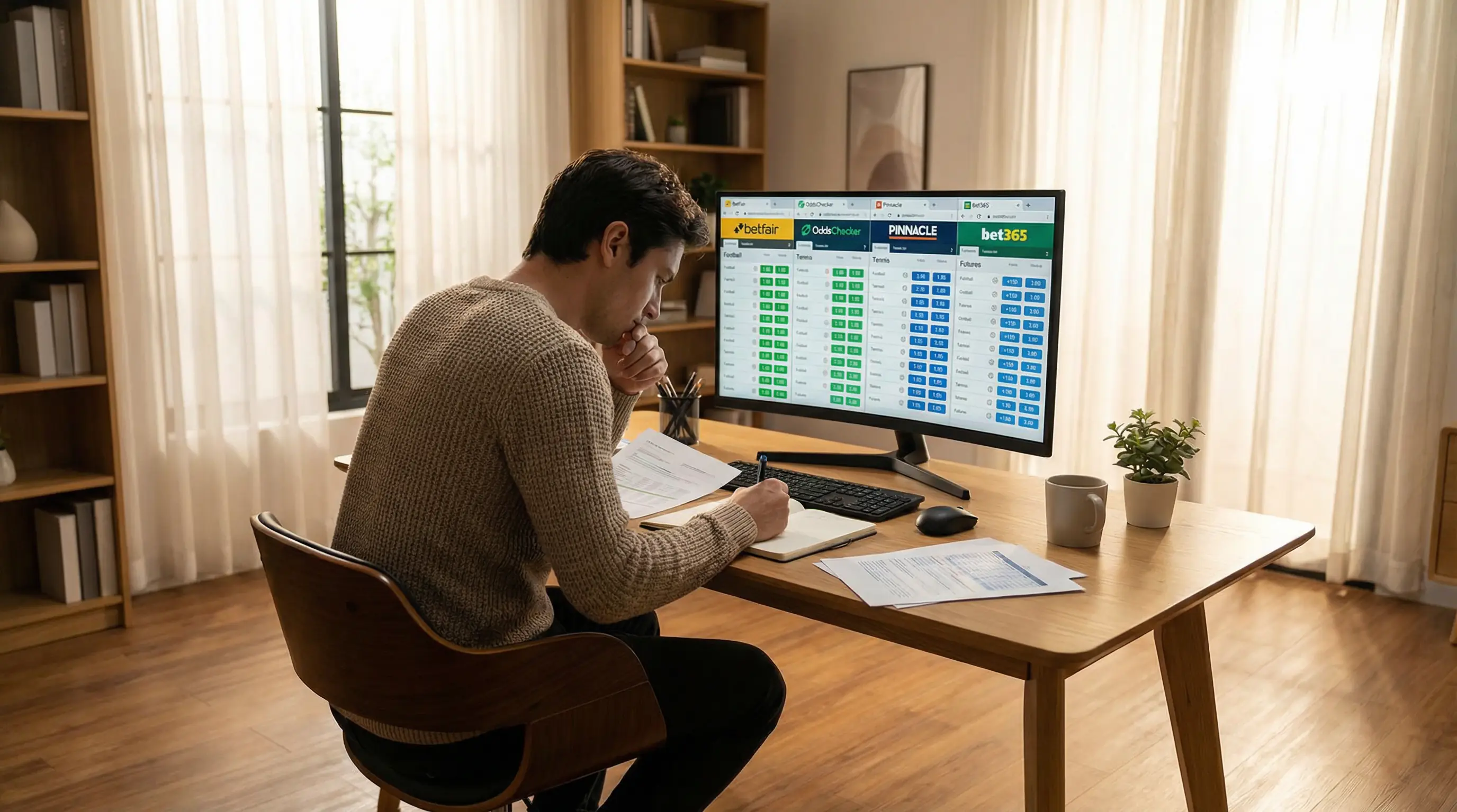 Pessoa a comparar odds em diferentes sites de apostas no computador