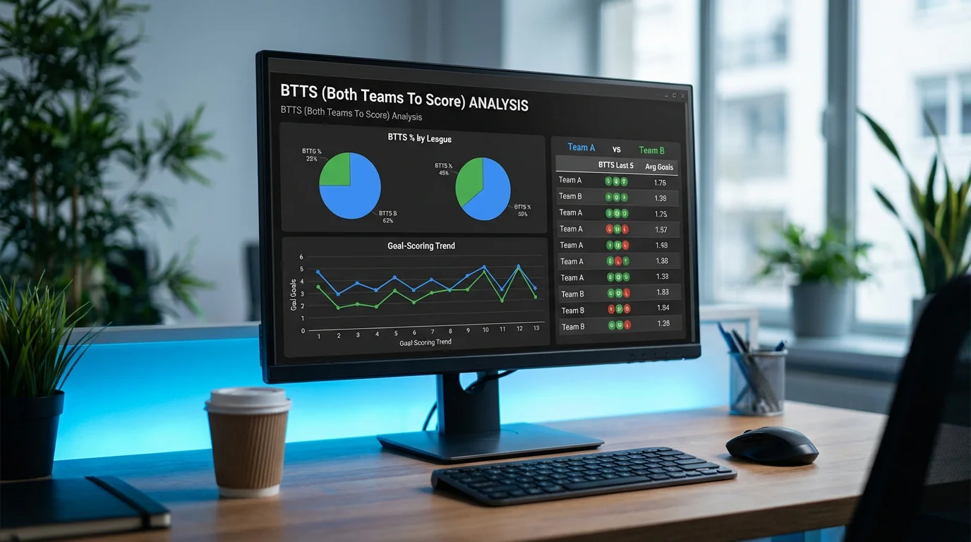 Ecrã de computador com estatísticas de golos e BTTS
