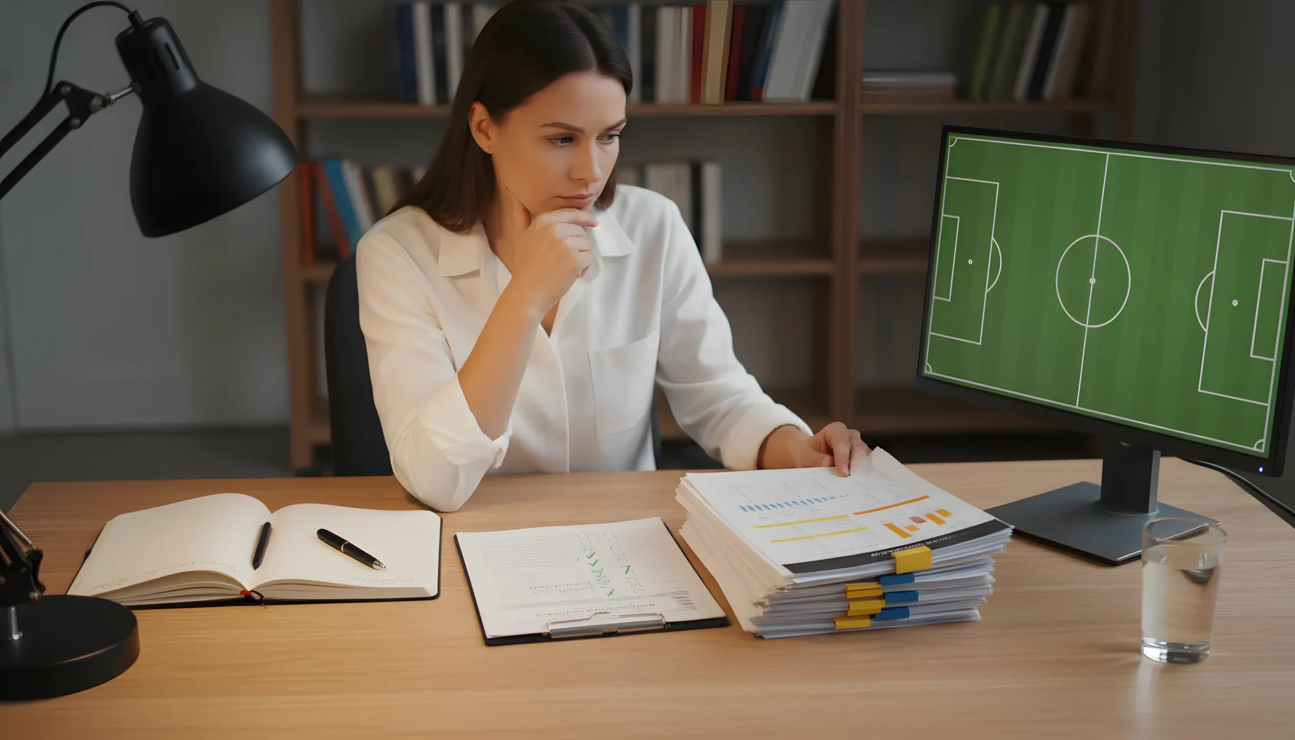 Pessoa focada a analisar relatórios estatísticos e diagramas táticos de futebol numa secretária organizada