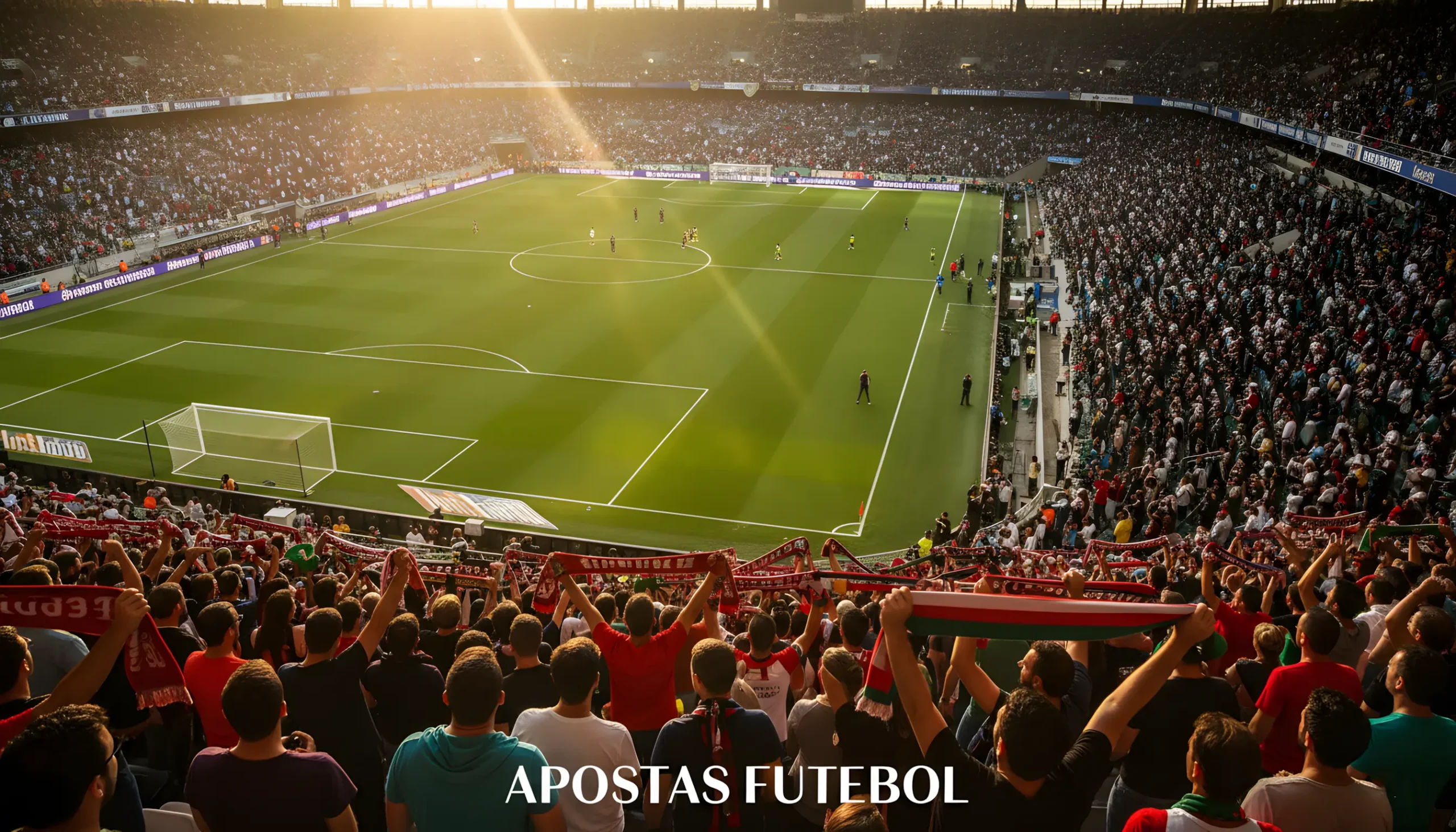 Estádio de futebol português ao pôr do sol com adeptos entusiastas nas bancadas