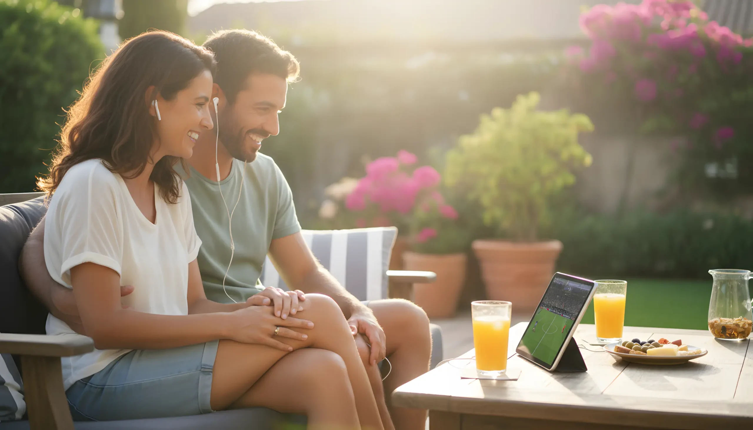 Casal feliz a assistir a jogo de futebol num tablet ao ar livre, num ambiente descontraído e equilibrado