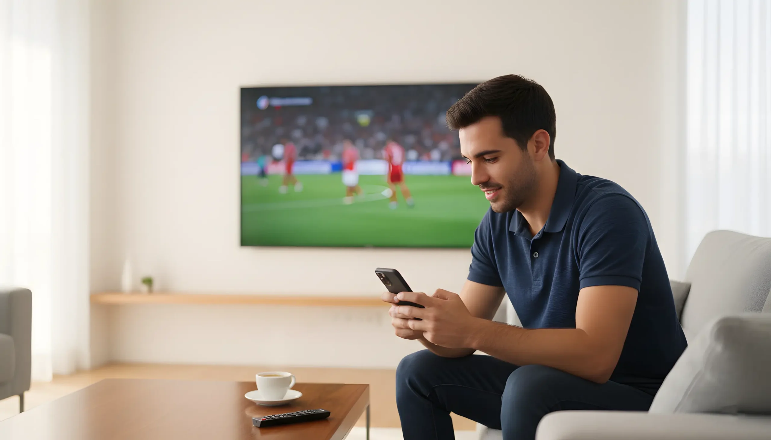Jovem português a consultar aplicação de desporto no smartphone enquanto assiste a jogo de futebol na televisão